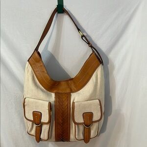 Cole Haan Vintage Stylish Tan Leather Cream Canvas Women's Bag Satchel Weekender